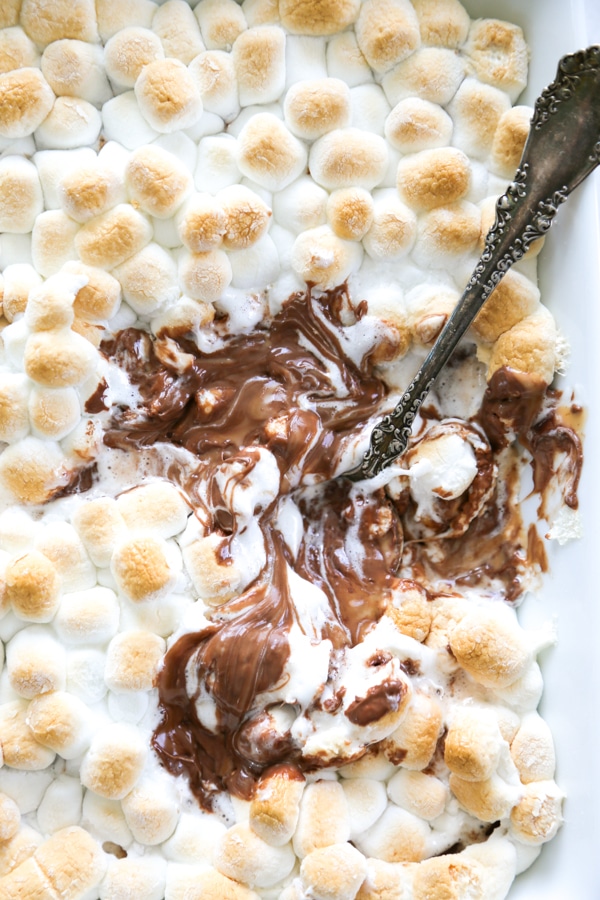 overhead shot of the smores dip in a pan.
