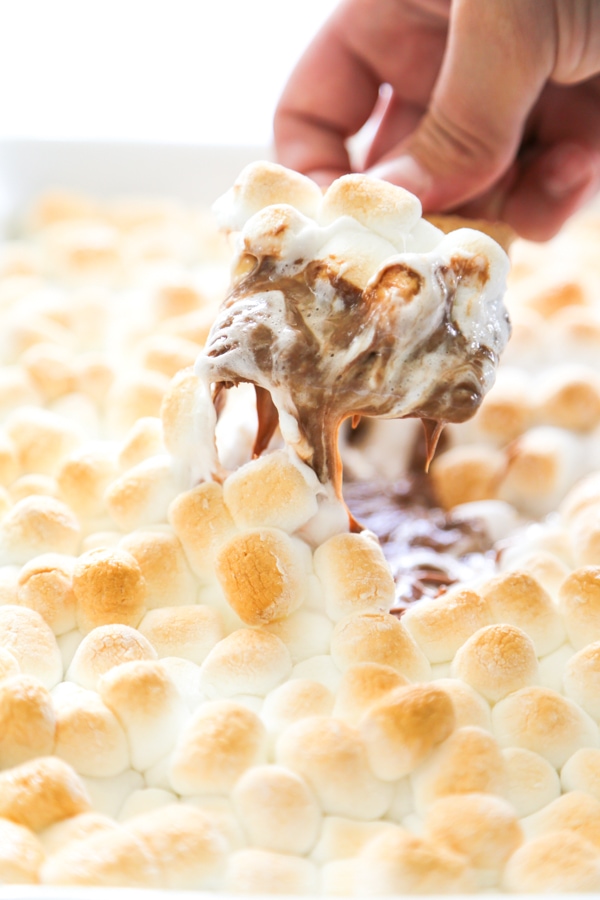 a graham cracker scooping up some smores dip.