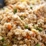 rice in skillet with vegetables