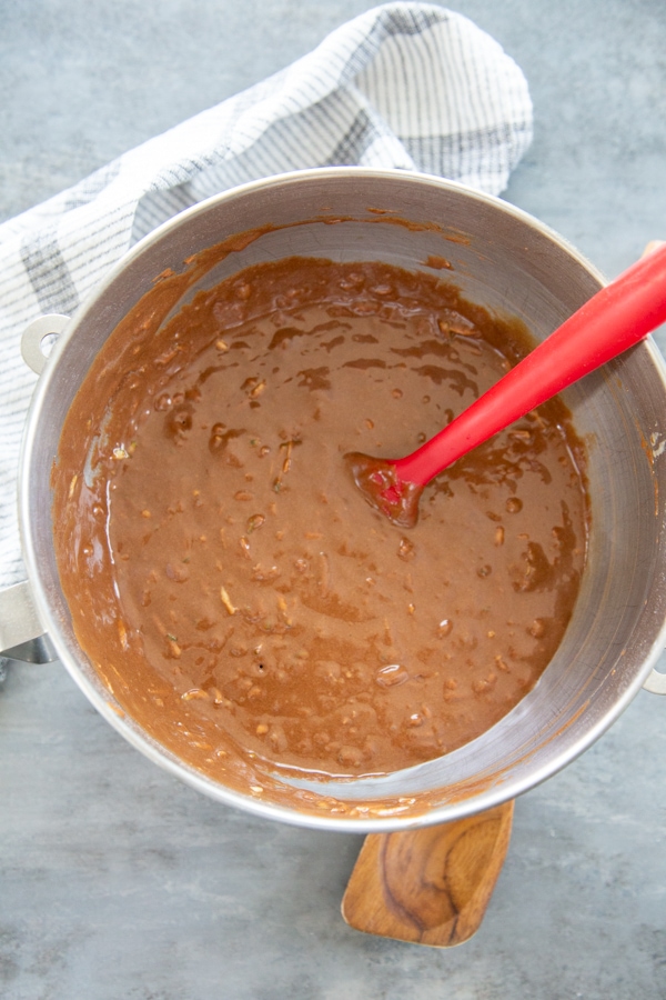 chocolate zucchini cake batter in bowl