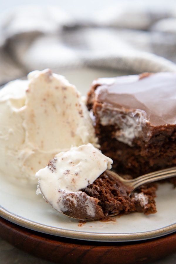 chocolate zucchini cake with ice cream and fork