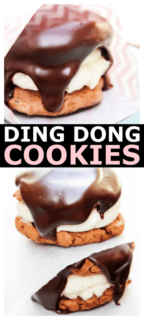 collage image of ding dong cookies - sandwich cookies with creamy filling topped with ganache
