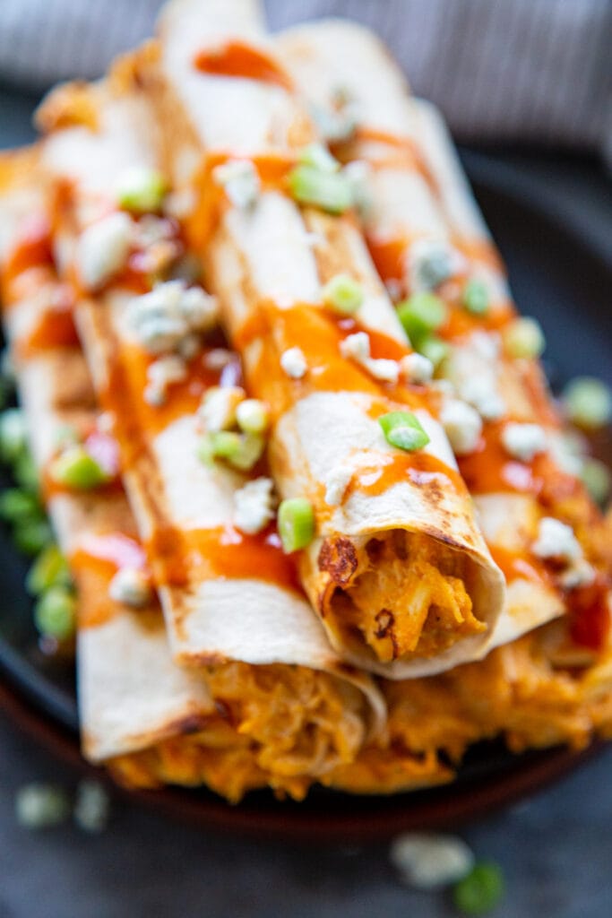 stack of buffalo chicken taquitos
