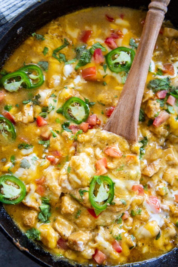 overhead shot chicken chile verde topped with jalapenos and cilantro