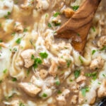 ovehead shot of skillet french onion chicken
