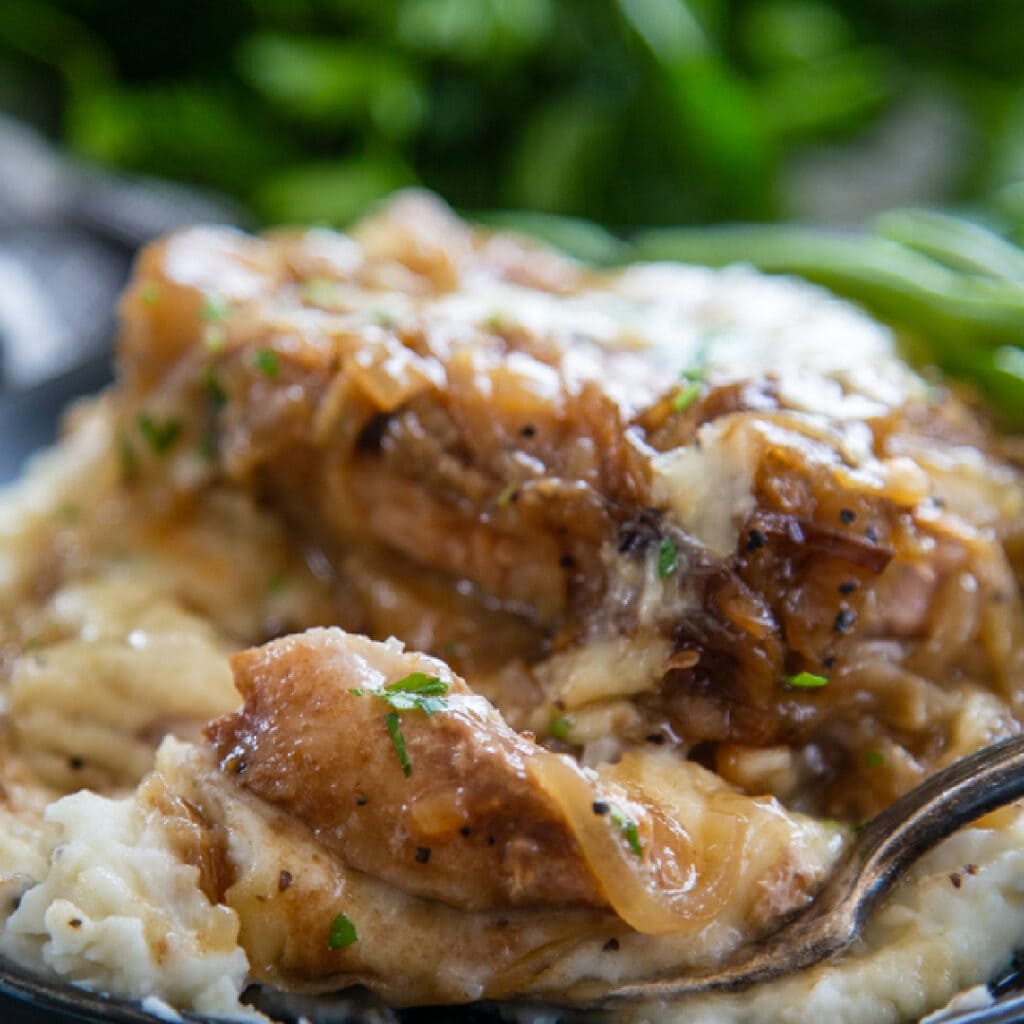 close up pork chops with fork