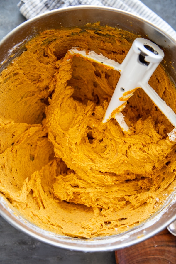 pumpkin cookie dough in mixing bowl