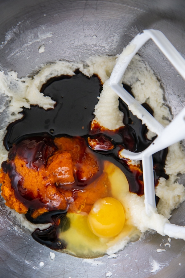 mixer with creamed butter pumpkin molasses and eggs
