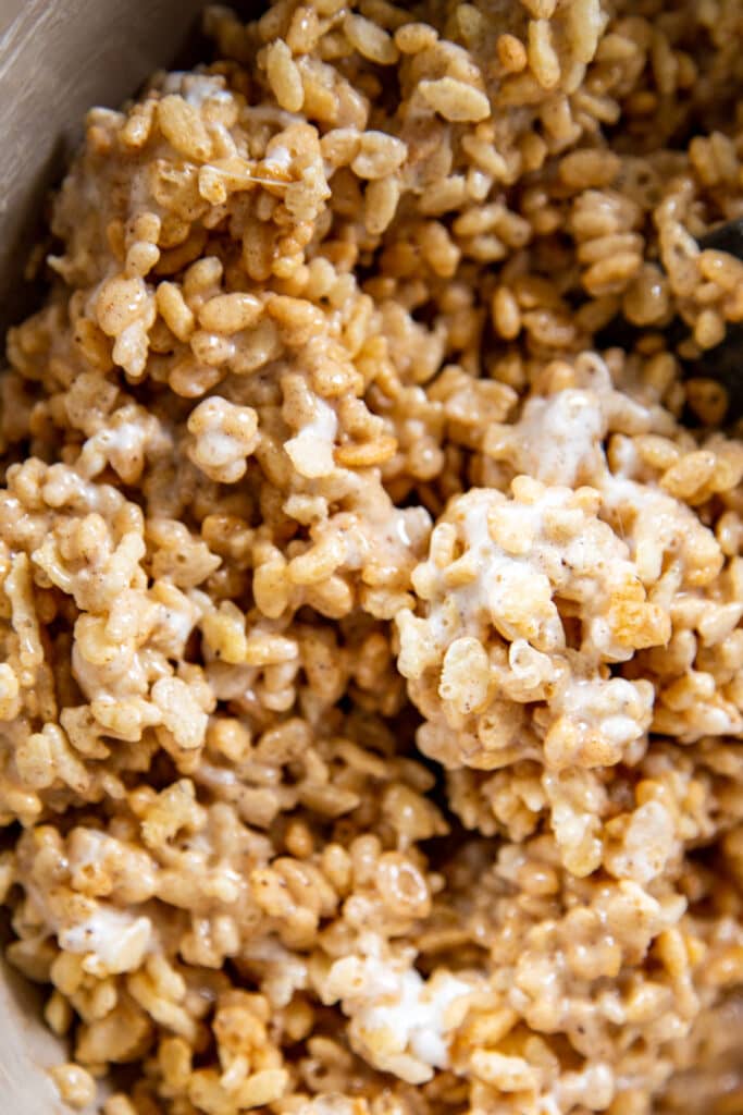 marshmallows, cinnamon and butter melted in pan with rice krispies