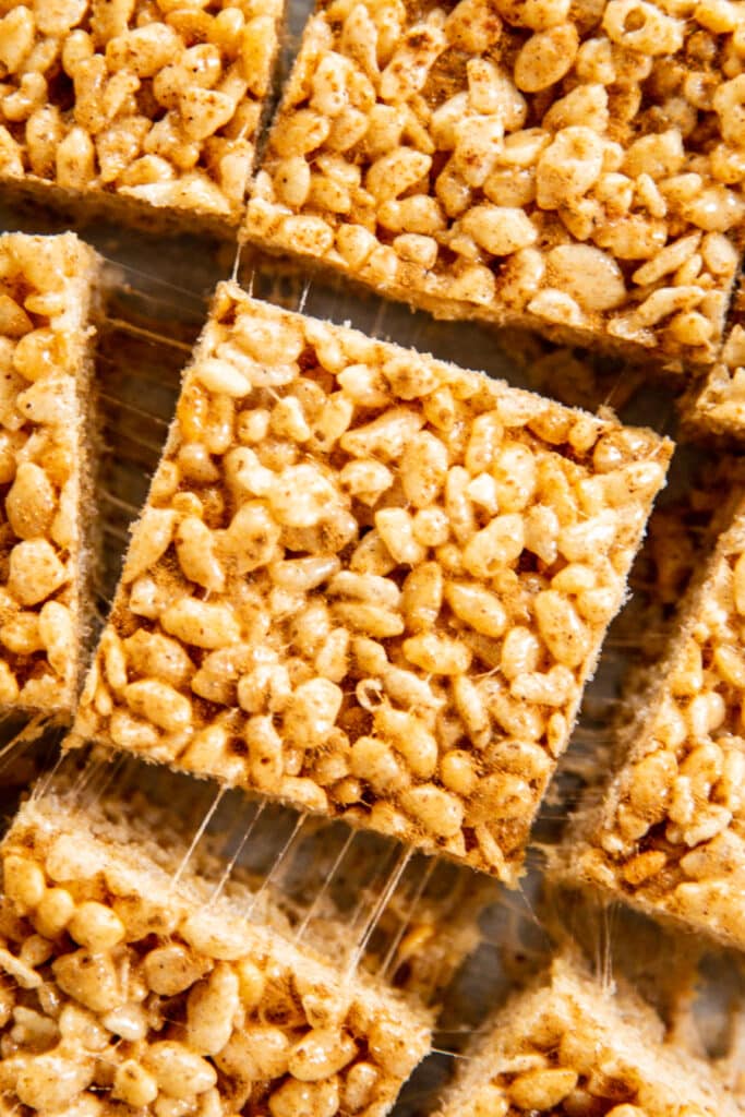 rice krispie treats cut with marshmallow pull