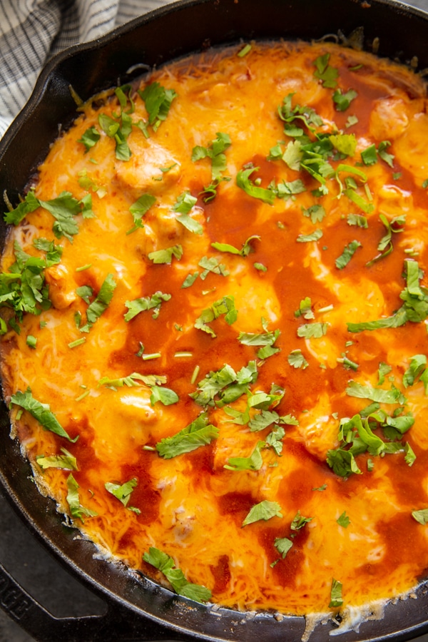 melted cheese in skillet with sauce and topped with cilantro