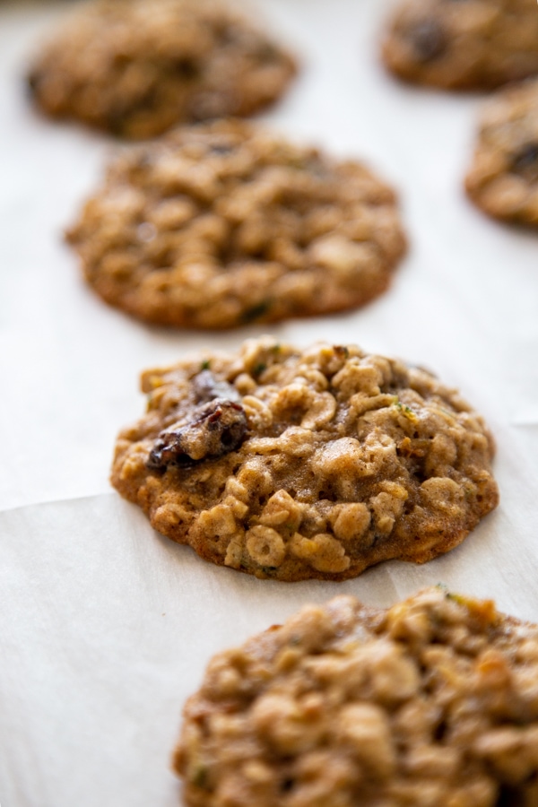 zucchini oatmeal raisin cookies on a baking sheet