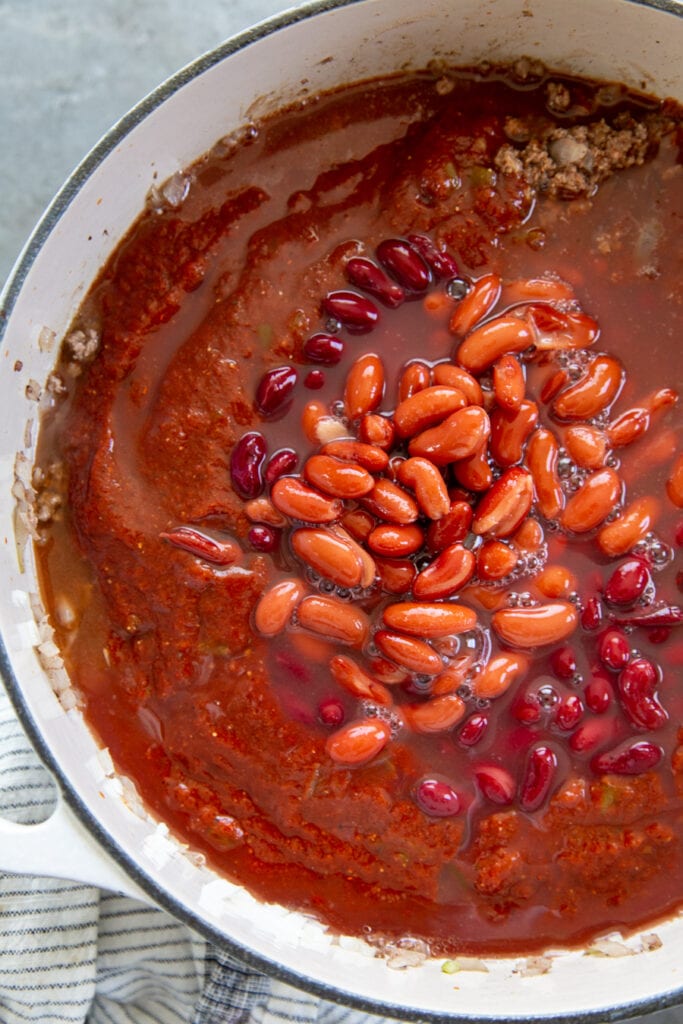 overhead shot of pot with chili beans