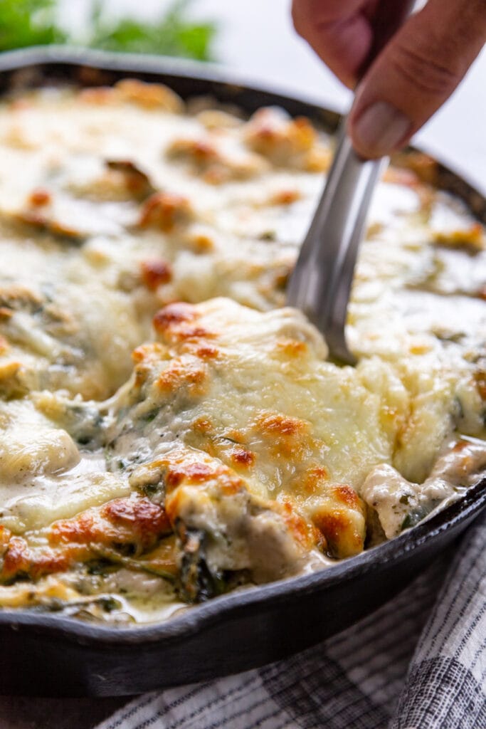 cheese pasta in skillet with serving spoon