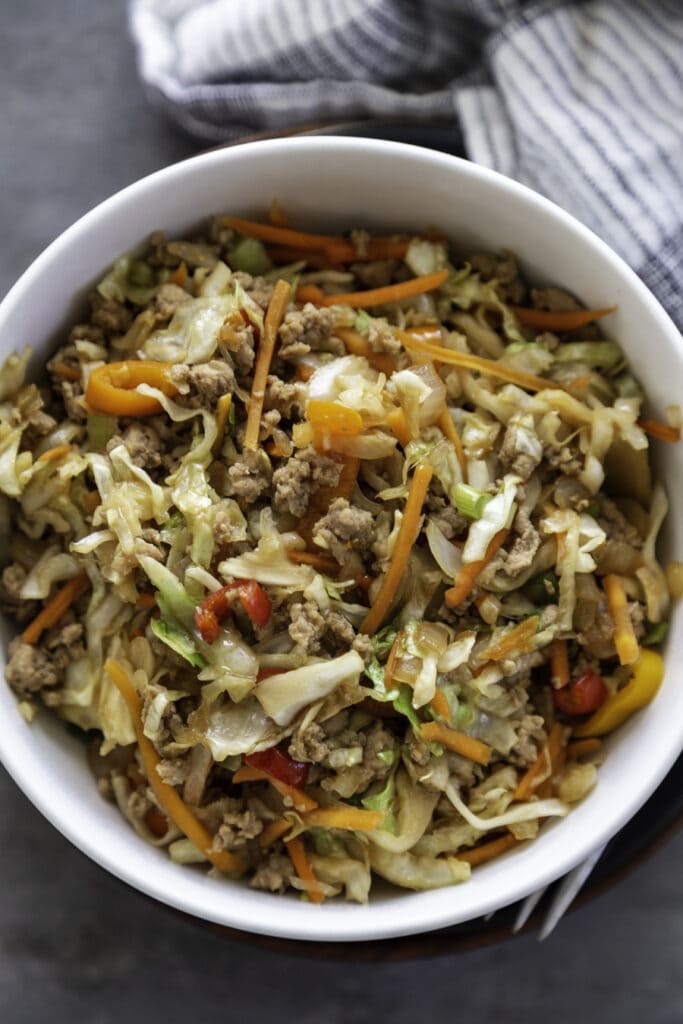 egg roll in a bowl overhead shot