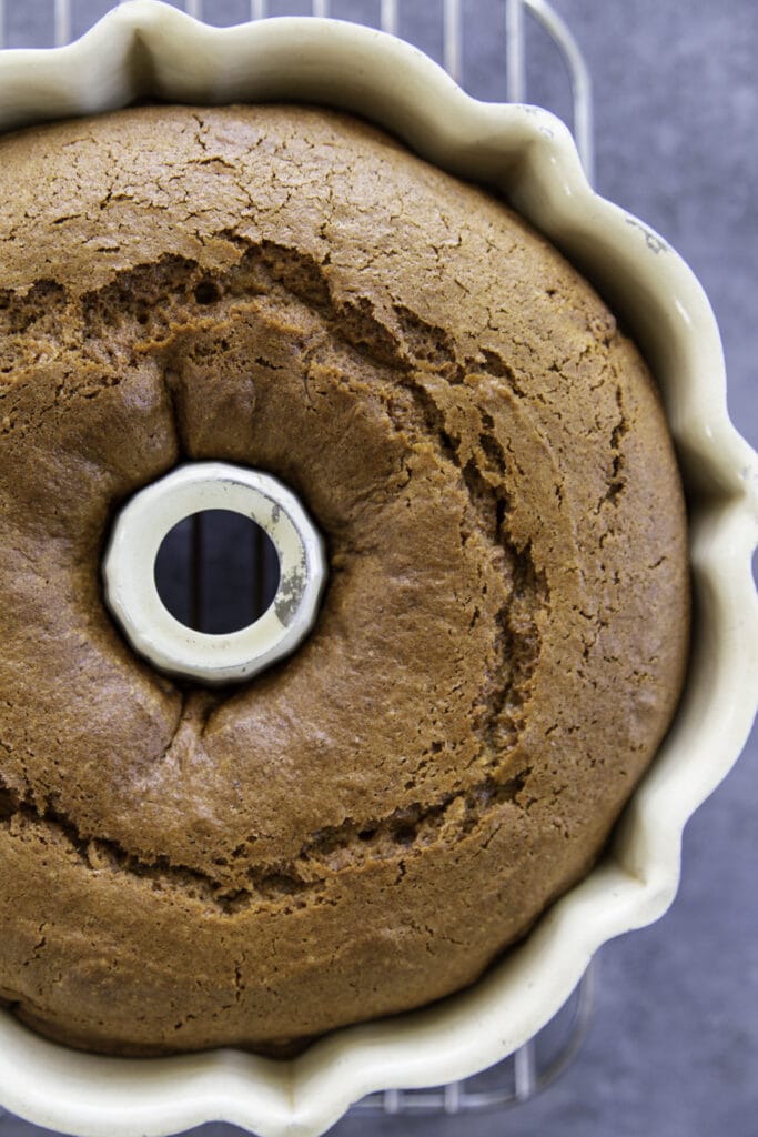pumpkin cake in bundt pan baked