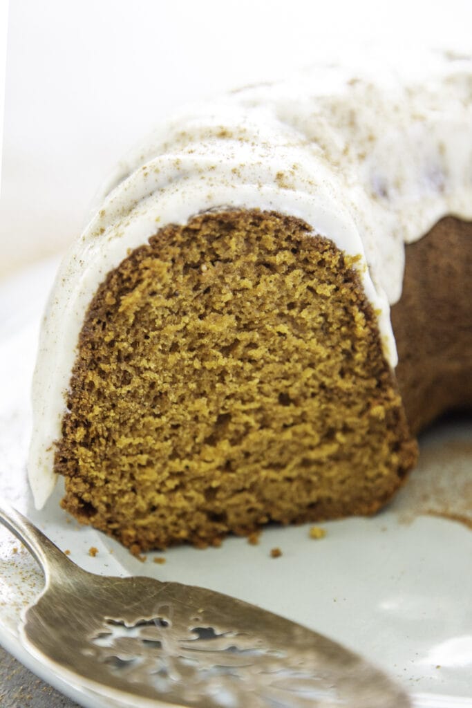 side view bundt cake with glaze
