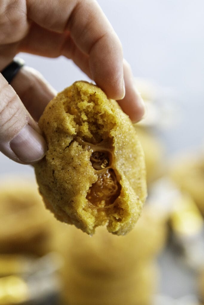 pumpkin cookie with caramel in the middle 