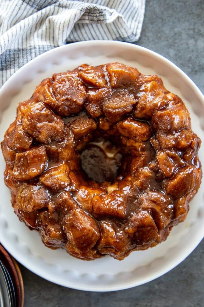 overhead shot of monkey bread on white platter