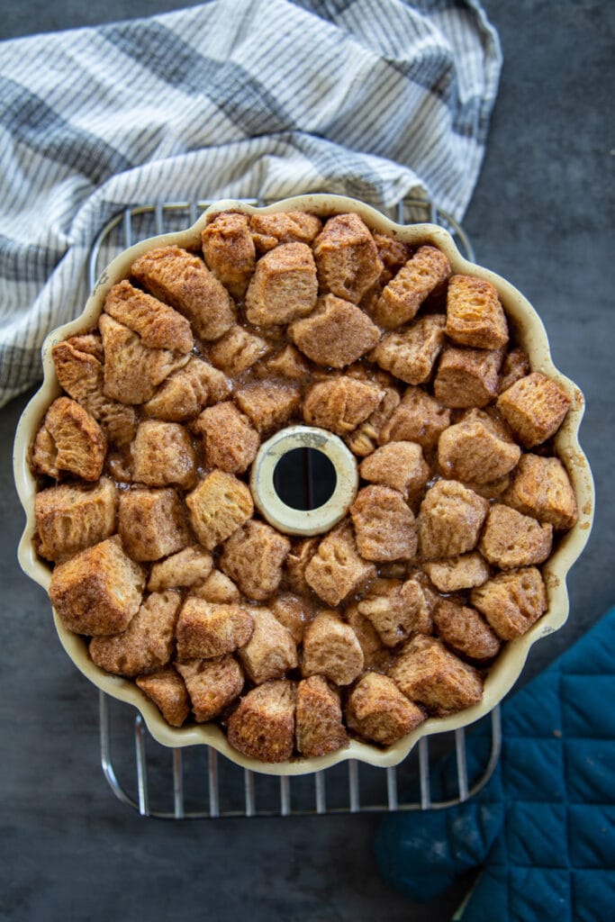 overhead shot of monkey bread baked in bundt pan on cooling rack