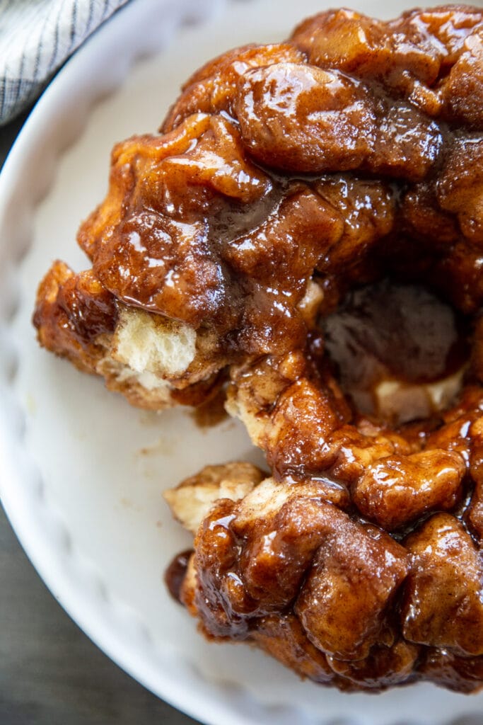 overhead shot of monkey bread with pieces taken out