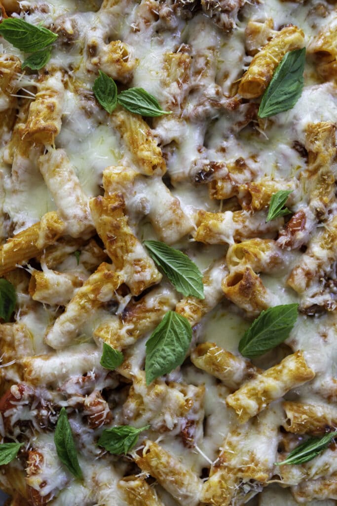 overhead shot pasta casserole with cheese