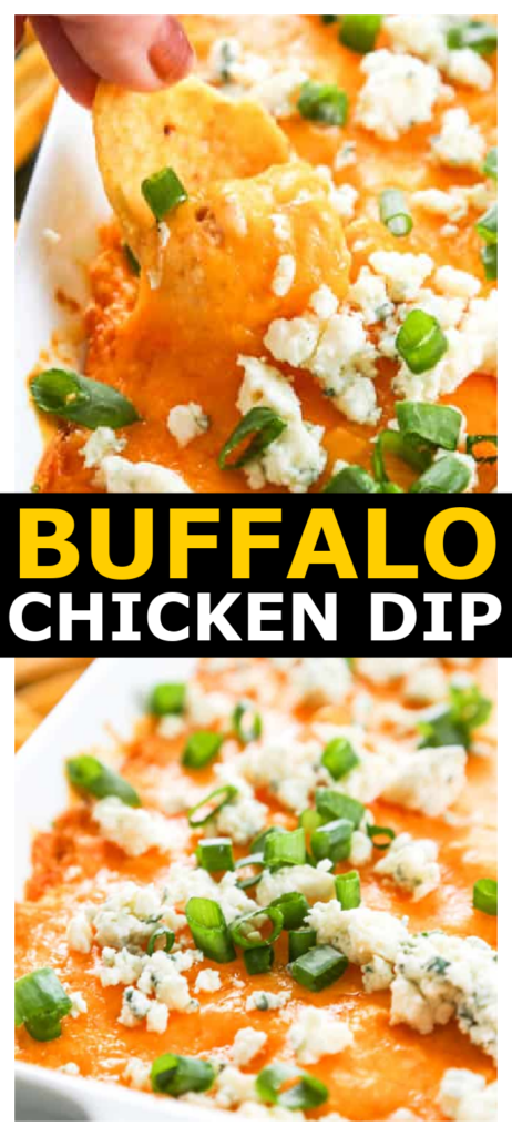 two picture of cheesy dip with chips topped with blue cheese and green onions