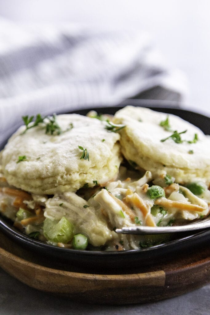 biscuit chicken pot pie on plate two servings