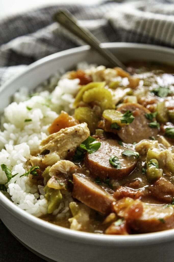 bowl of gumbo with rice