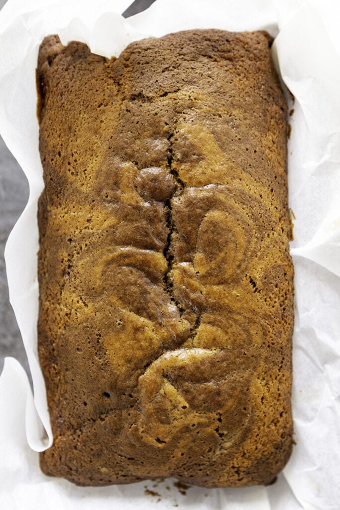 pumpkin chocolate swirl bread loaf overhead shot