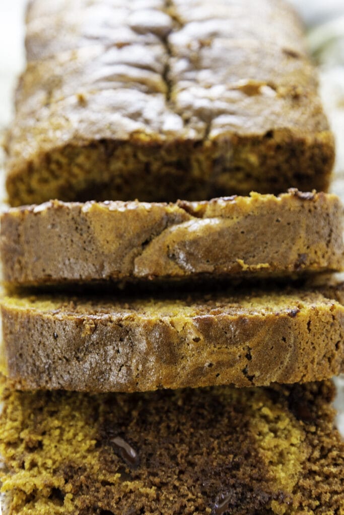 pumpkin chocolate swirl bread slices close up view