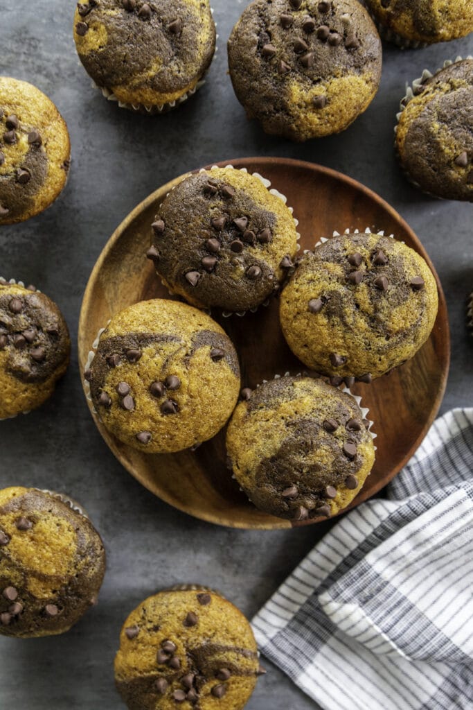 overhead shot of chocolate pumpkin swirl muffins