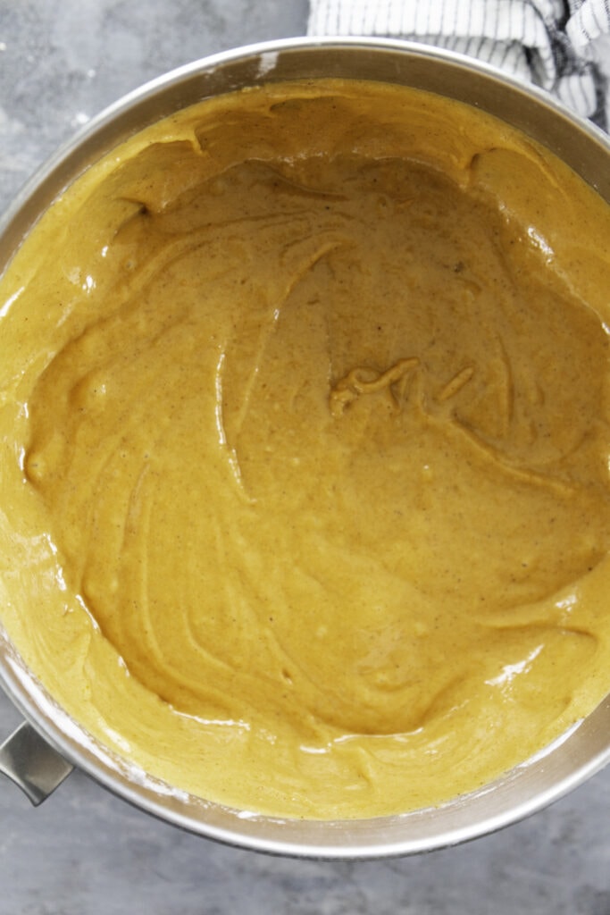 pumpkin bread batter in mixing bowl overhead shot