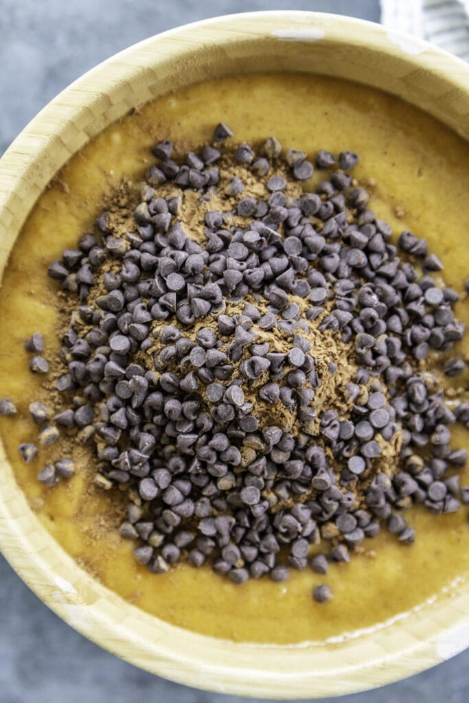 overhead shot of bowl with pumpkin with chocolate chips