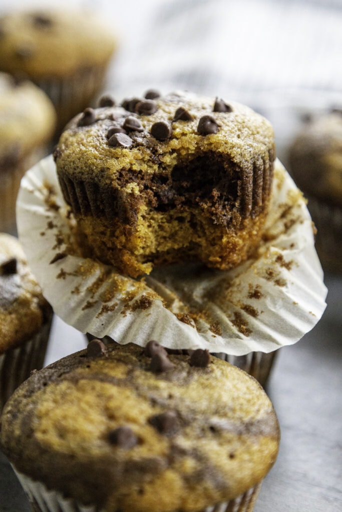 muffins stacked with chocolate chip