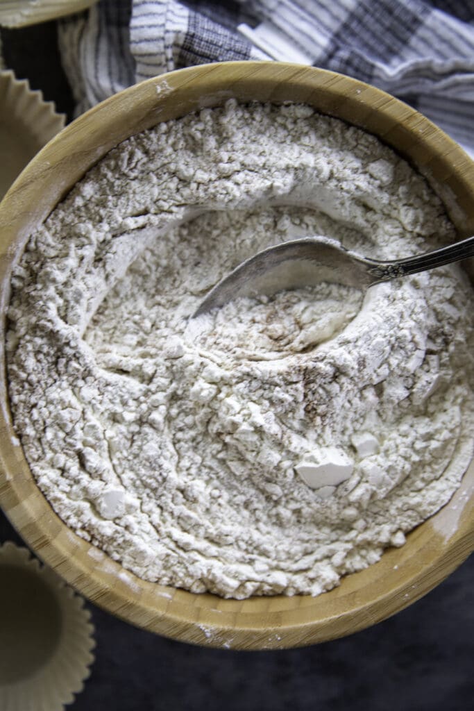 overhead shot of bowl with flour and seasonings in it
