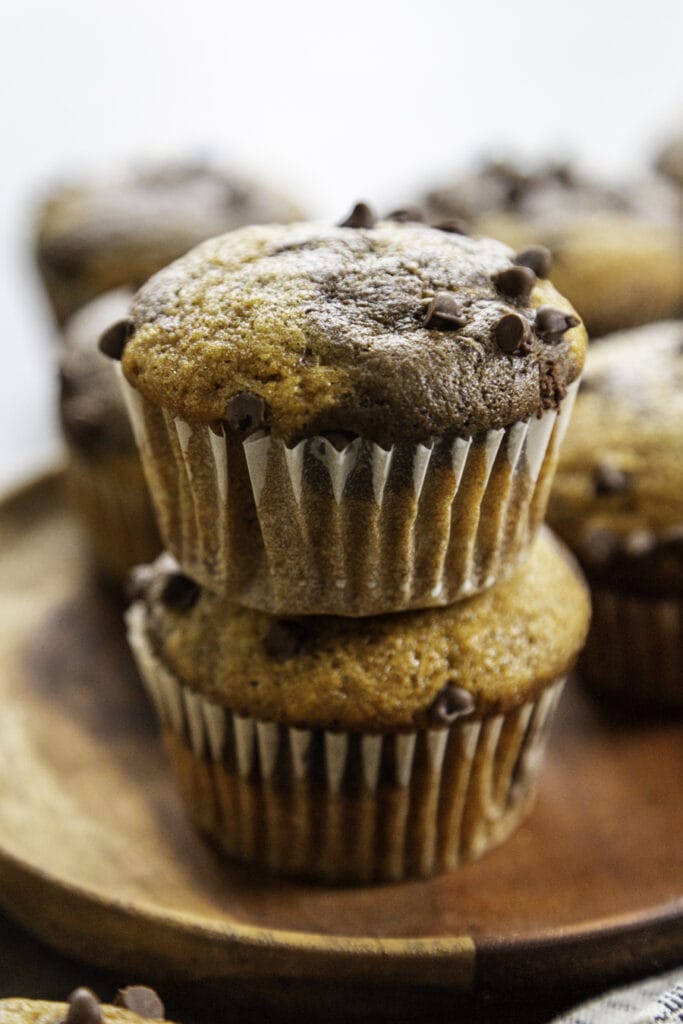 overhead shot of pumpkin chocolate swirl muffins baked staked