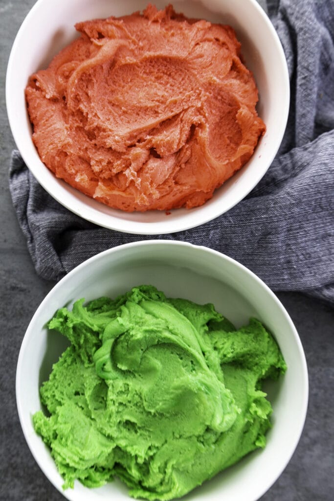 cookie dough with red and green food coloroing