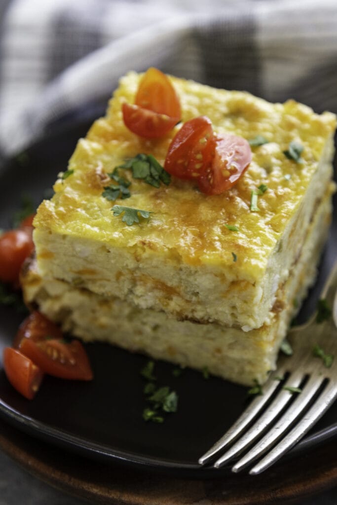 overhead shot breakfast casserole on plate
