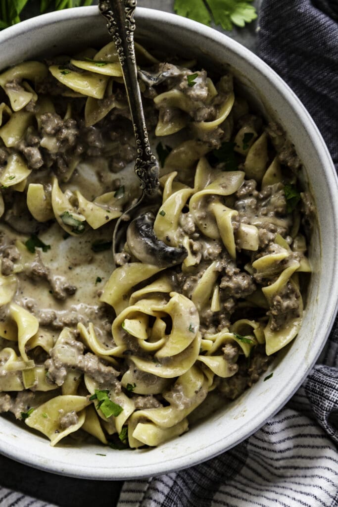 overhead shot of beef stroganoff in bowl