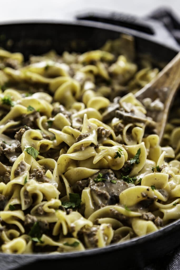 close up shot of beef stroganoff in skillet