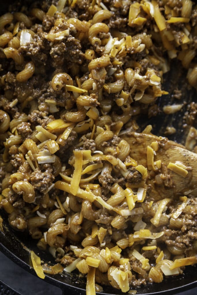 noodles hamburger and cheese in skillet