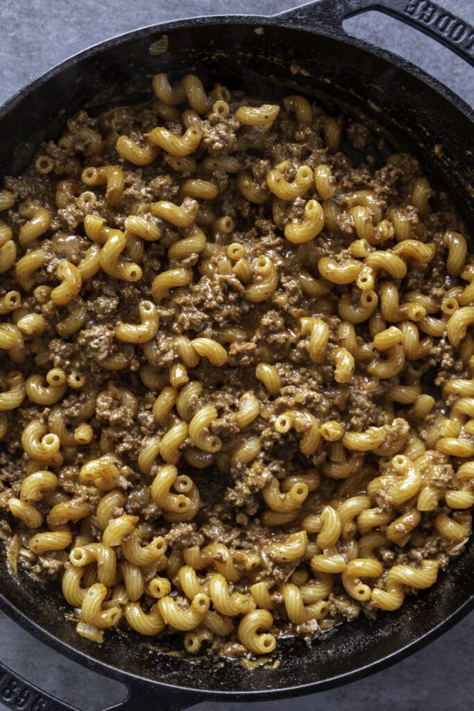 overhead shot with hamburger helper in skillet