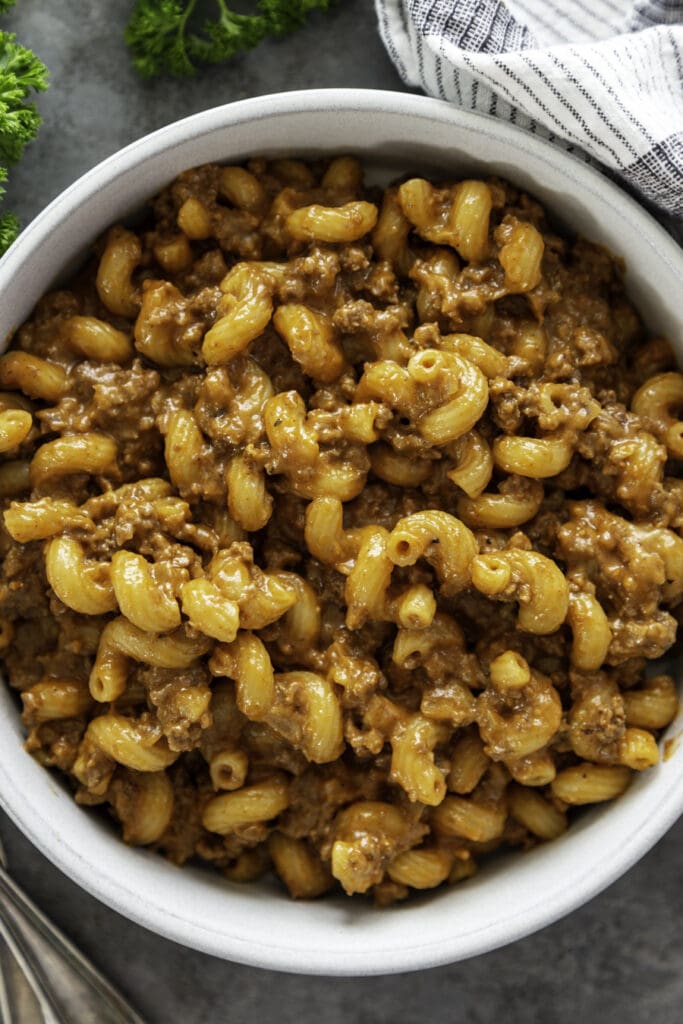 overhead shot of hamburger helper in a bowl