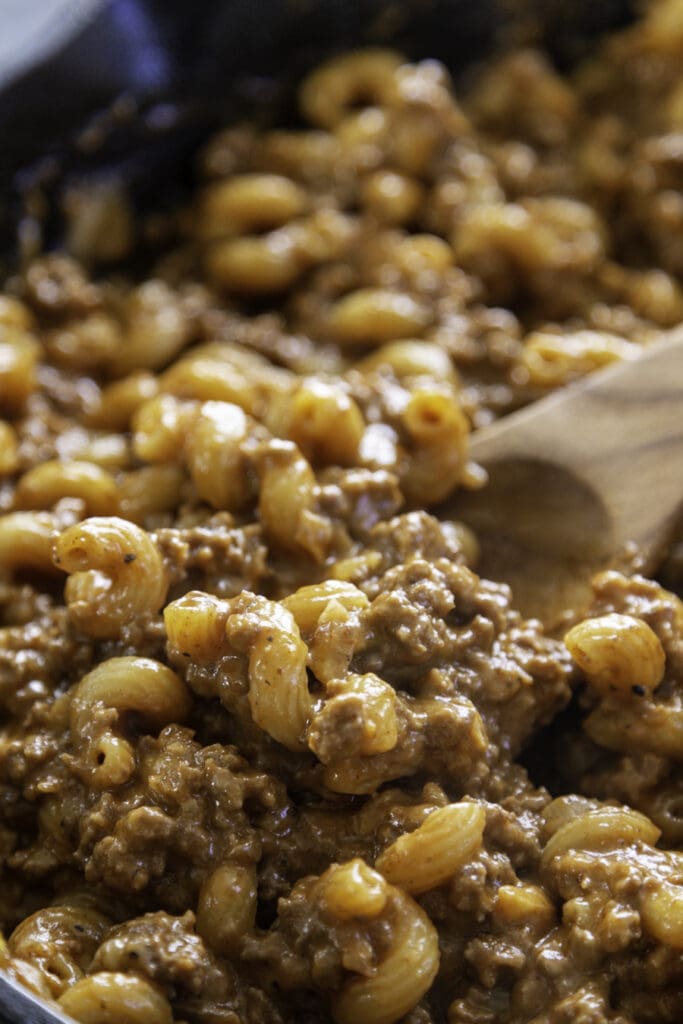skillet with  hamburger helper