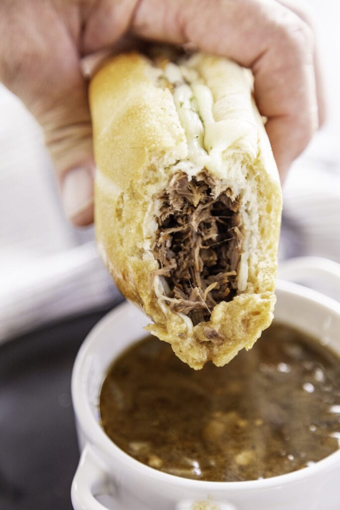 bite of french dip sandwich