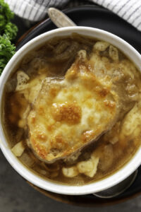 overhead shot french onion soup