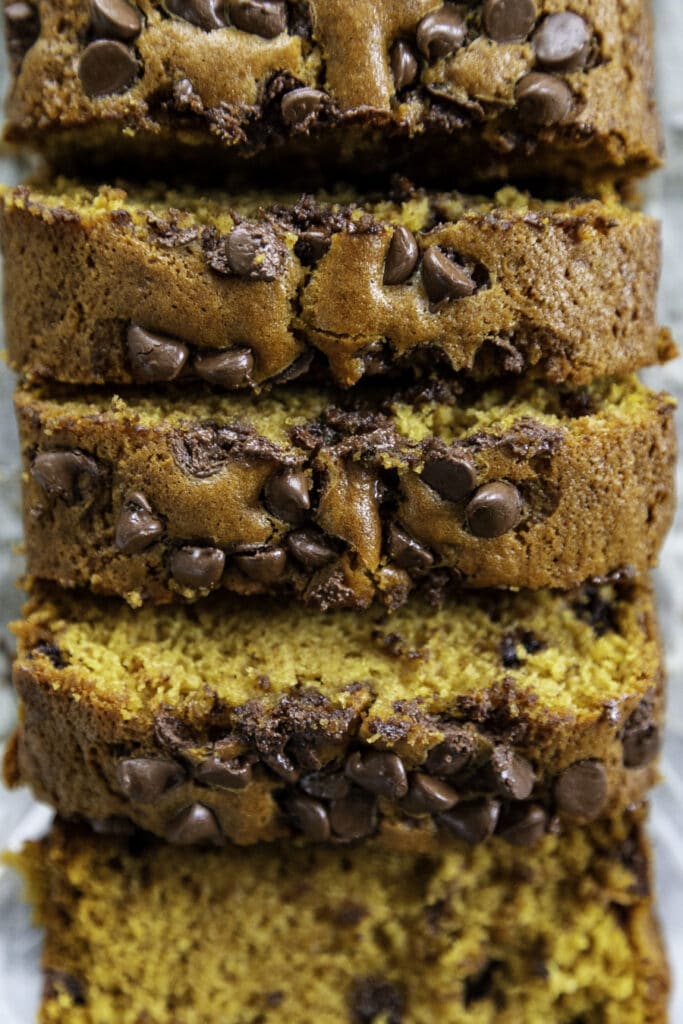 overhead shot of pumpkin chocolate chip bread sliced
