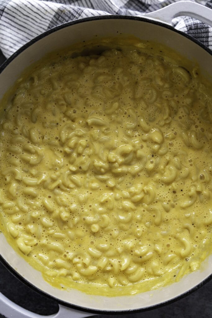 overhead shot of mac and cheese in pot