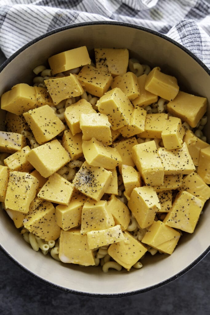 overhead shot of pot with cubed velveeta cheese